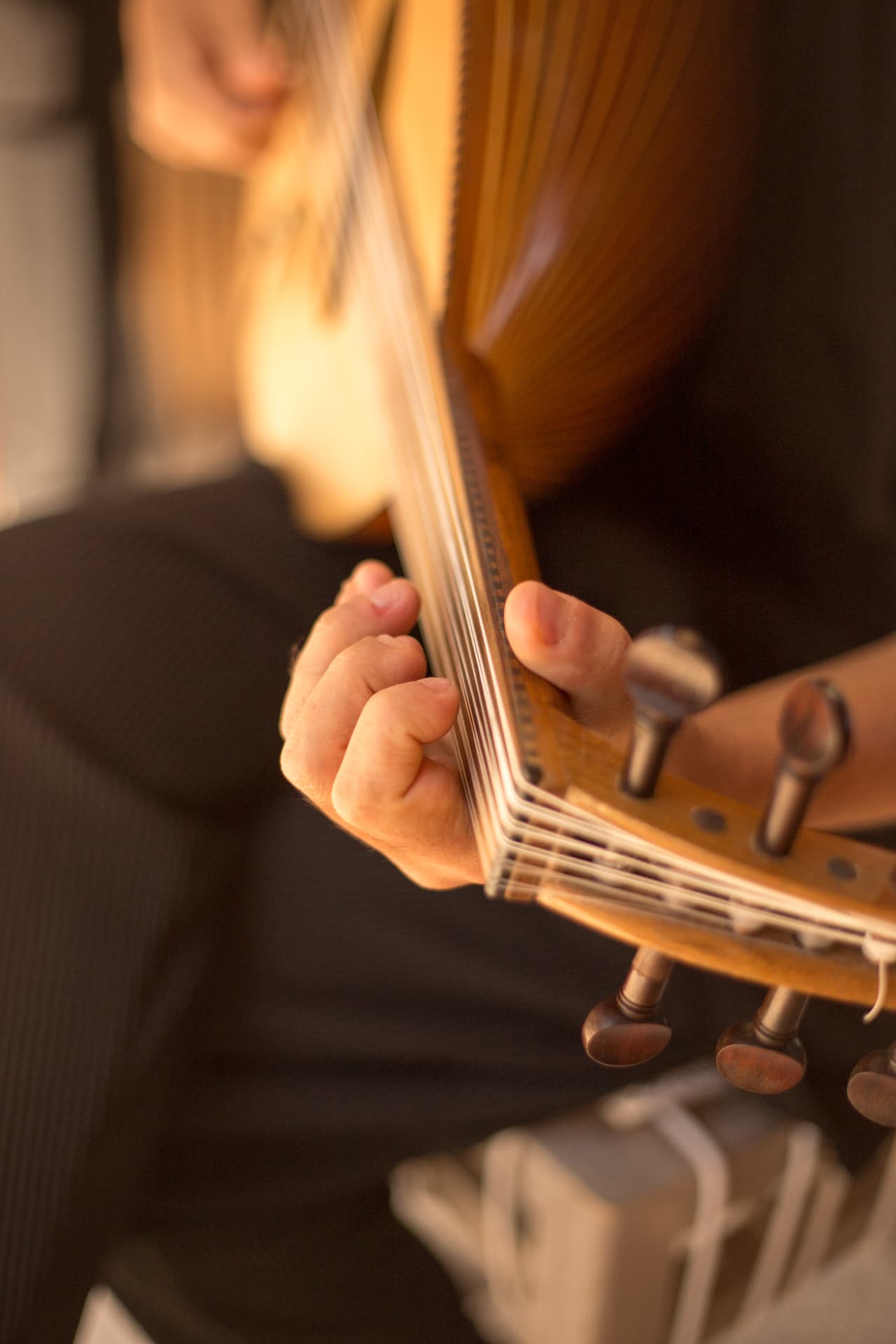 Close-up of hands playing the oud in warm light